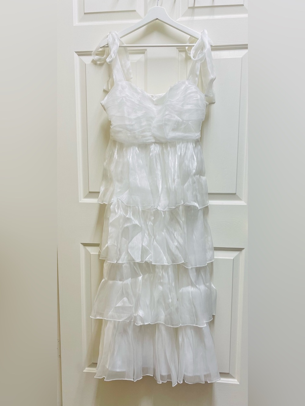 LULUS Radiant Arrival Shiny White Organza Tiered Tie-Strap Maxi Dress Size XL